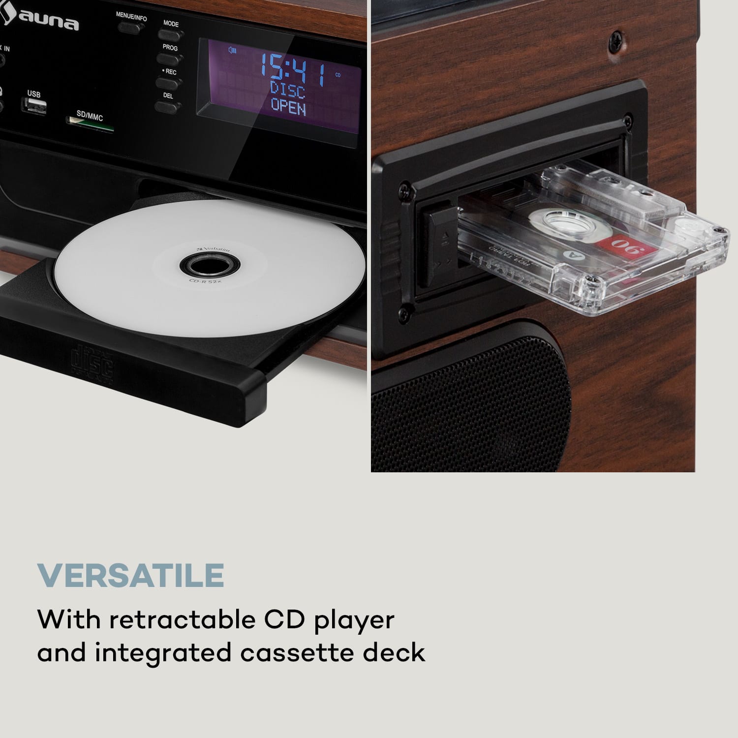 Auna Oakland DAB Plus, retro stereo systém, DAB+/FM, BT funkcia, vinyl, CD prehrávač, kazetový prehrávač. vrátane reproduktorov – Obrázok 5