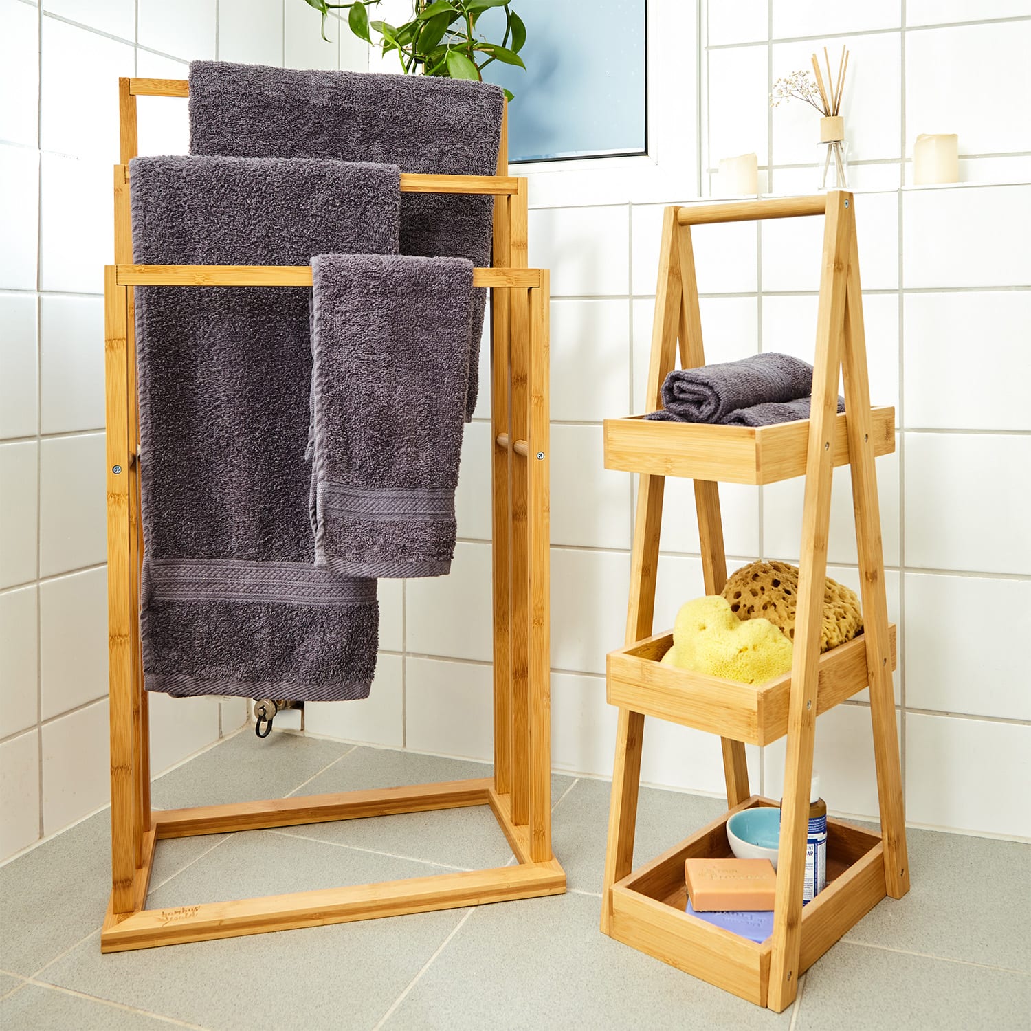 Blumfeldt Vešiak uteráky, 3 tyčky uteráky, 55 x 100 x 24 cm, schodíkový dizajn, bambus – Obrázok 2