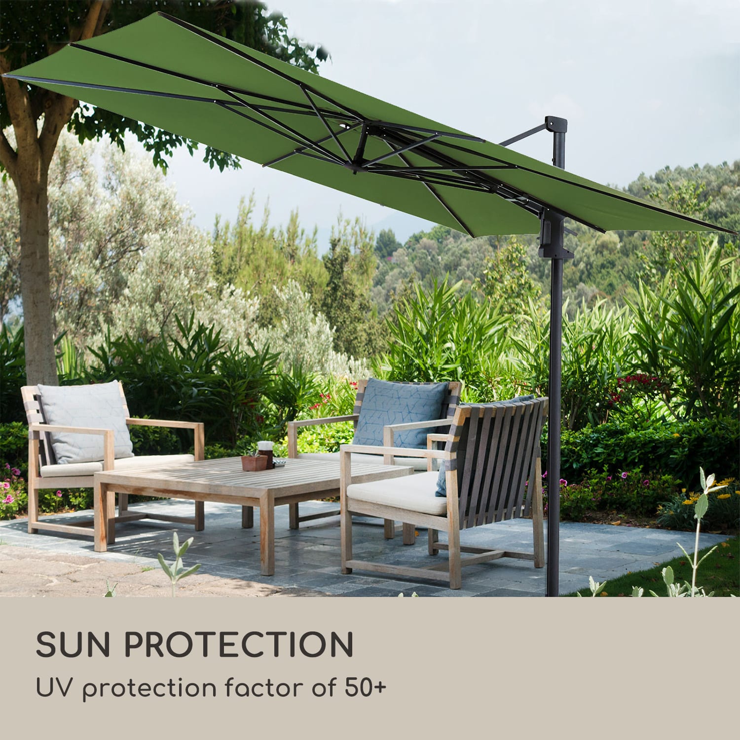 Blumfeldt Saint-Tropez, závesný slnečník, 3-osová rotácia, 360° otočný, 3 x 3,55 m, UV 50+ – Obrázok 5