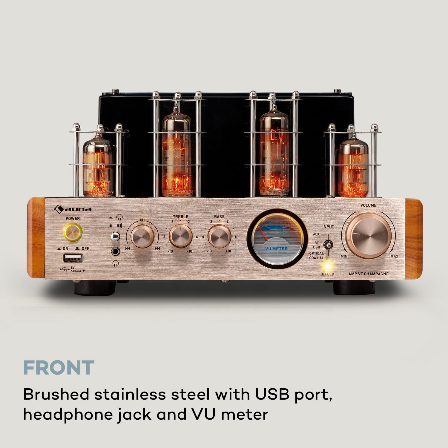 Auna Amp VT elektrónkový zosilňovač, HiFi zosilňovač, 2x35W RMS, BT, Opt./Coax./AUX-In – Obrázok 5