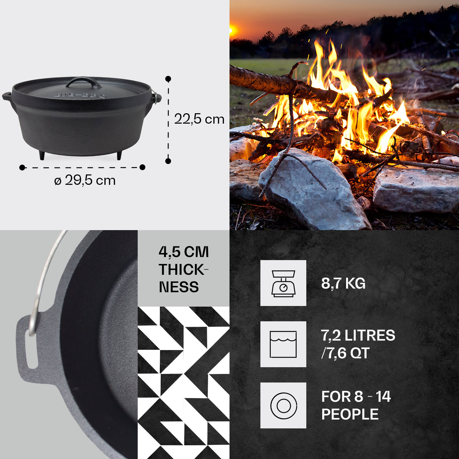 Klarstein Galloway, liatinový hrniec, 7.6 barbecue hrniec, liatina, nožičky, veľkosť L/7,2 l – Obrázok 4