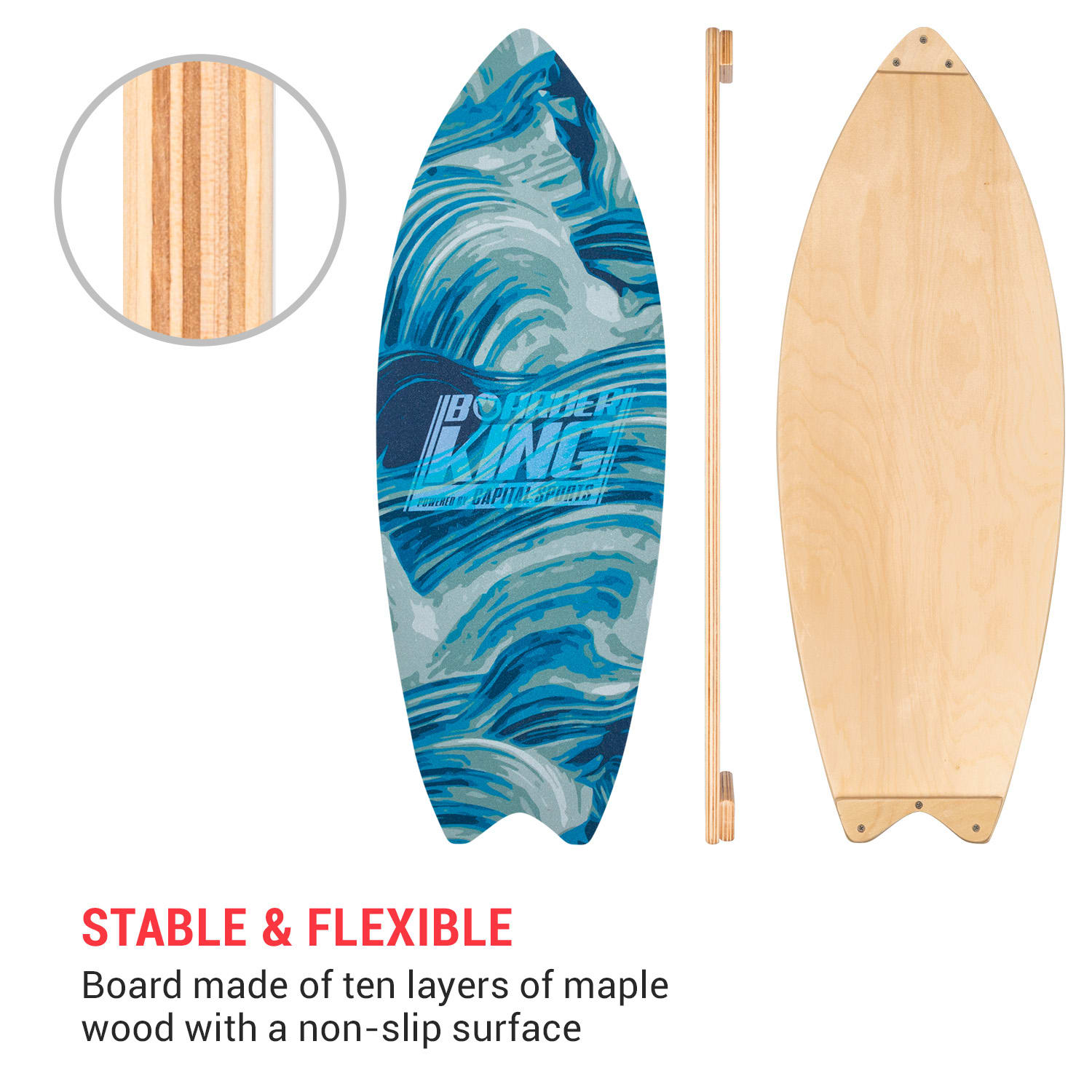 BoarderKING Indoorboard Wave, balančná doska, podložka, valec, drevo/korok – Obrázok 3
